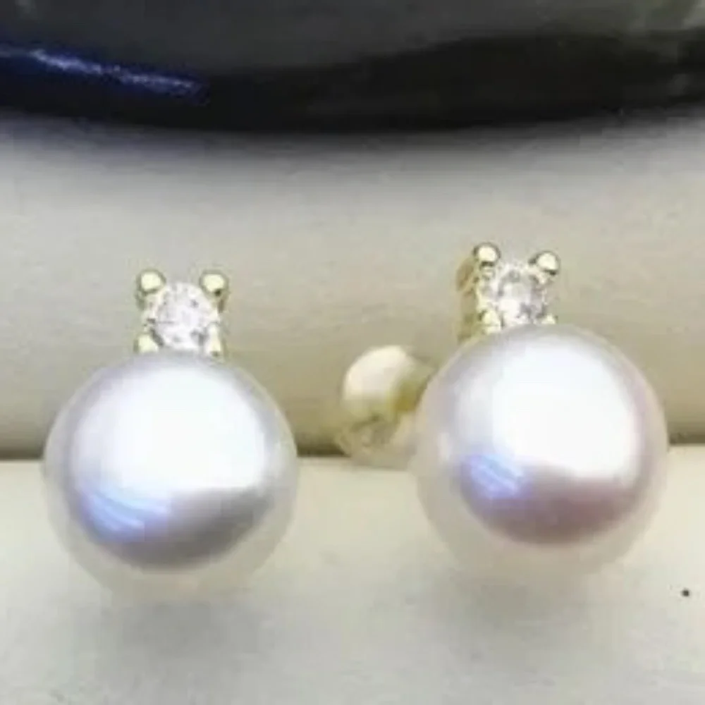 8mm White Cultured Pearl Stud Earrings - 14K Yellow Gold Plate - CZ Accents